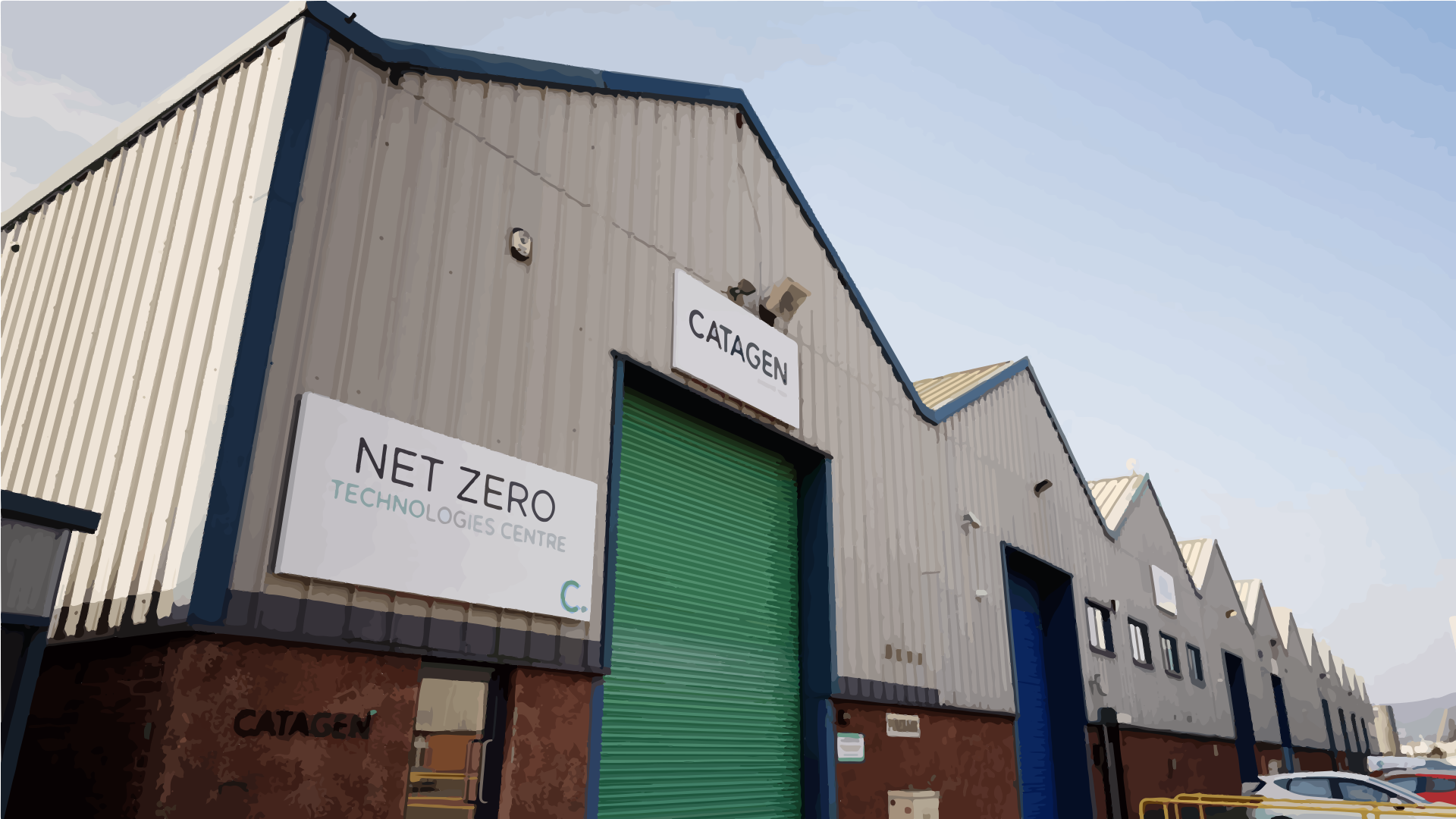Exterior of CATAGEN’s Net Zero Technologies Centre Belfast facility, showing CATAGEN signage and the entrance.